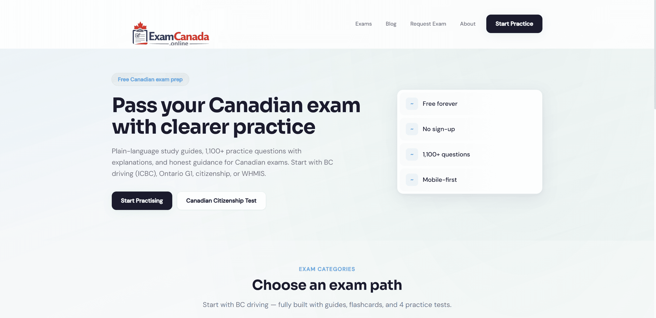 ExamCanada website screenshot